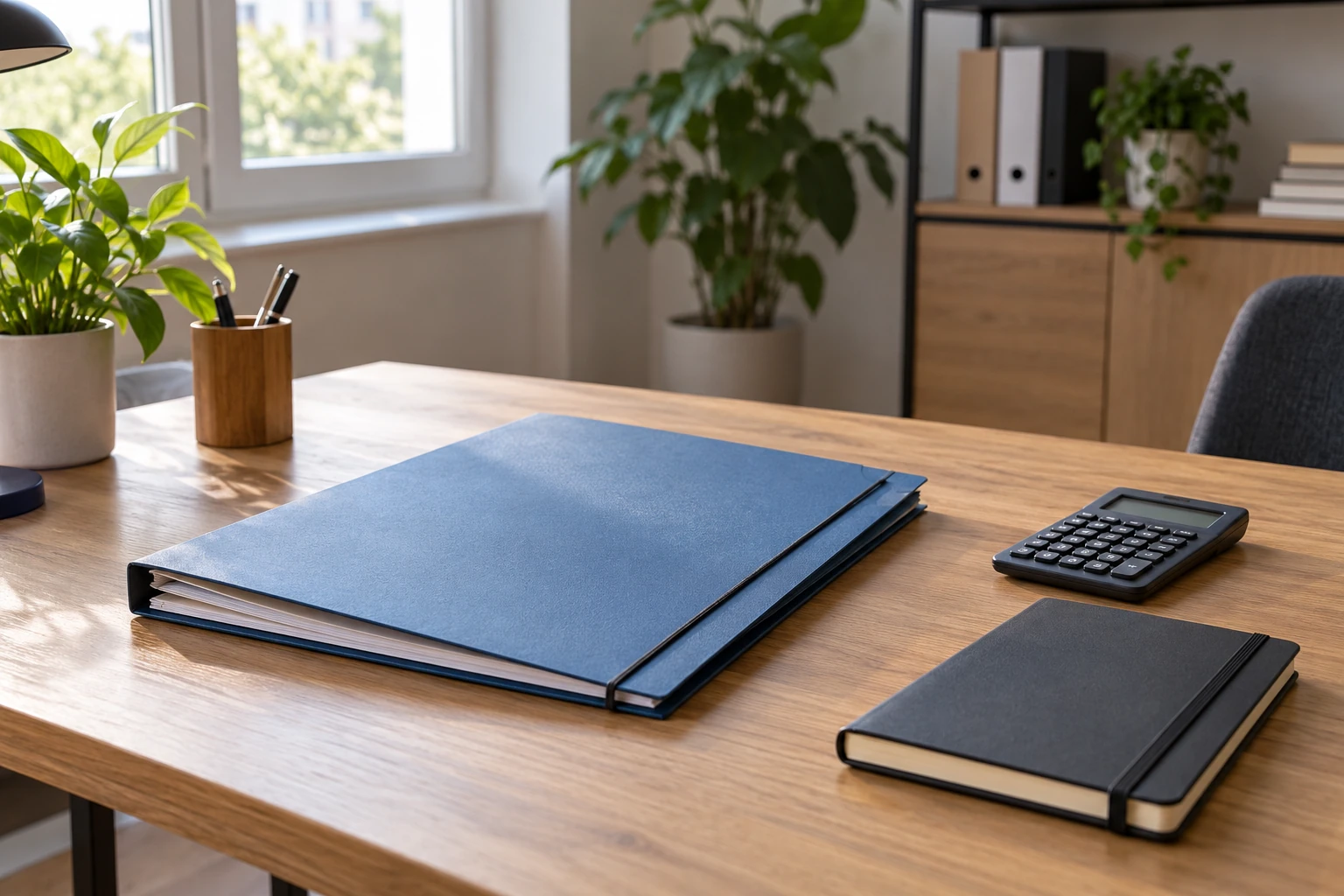 Dossier bleu, carnet noir et calculatrice sur bureau en bois, plantes en arrière‑plan