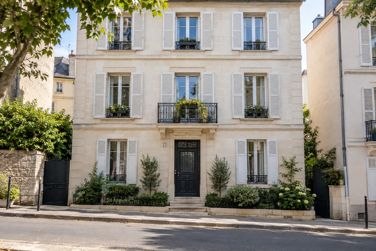 Façade d’immeuble résidentiel parisien en pierre avec balcon, volets blancs et végétation
