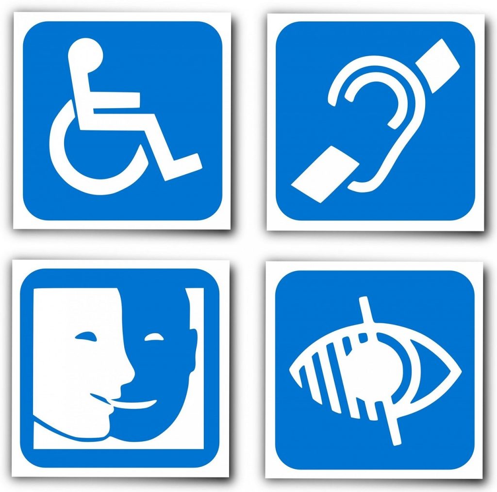 Pictogrammes des handicaps moteurs, auditifs, mentaux et visuels